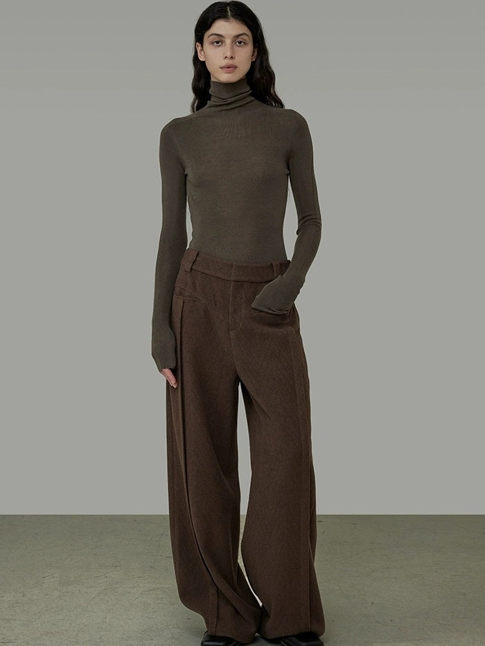 UNSPOKEN High Waisted Wide Leg Zip Fly Pockets Minimal Workwear Brown Pants
