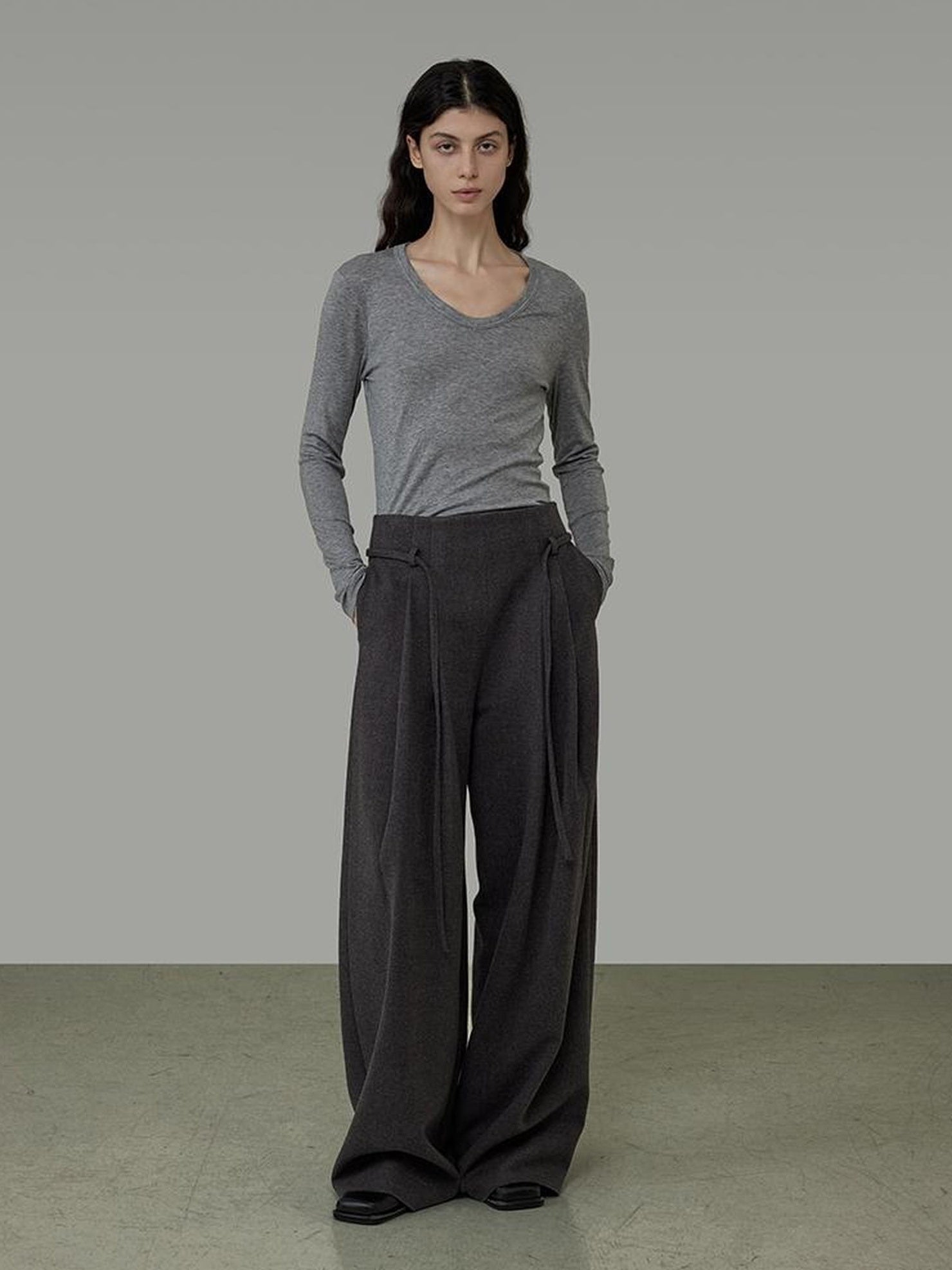 UNSPOKEN High Waisted With Pockets Loose Wide Leg Minimalist Office Gray Pants