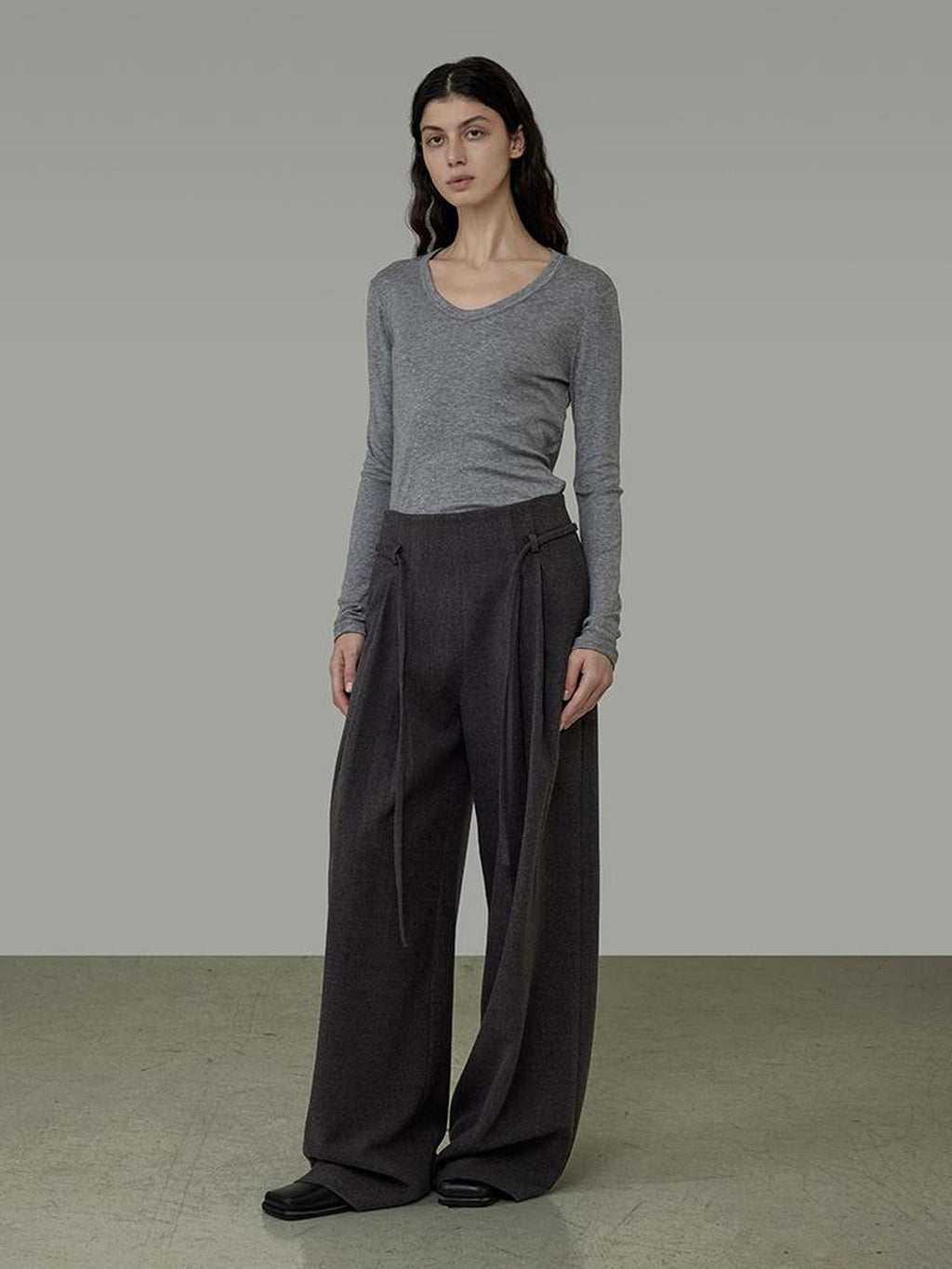 UNSPOKEN High Waisted With Pockets Loose Wide Leg Minimalist Office Gray Pants