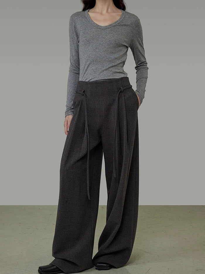 UNSPOKEN High Waisted With Pockets Loose Wide Leg Minimalist Office Gray Pants