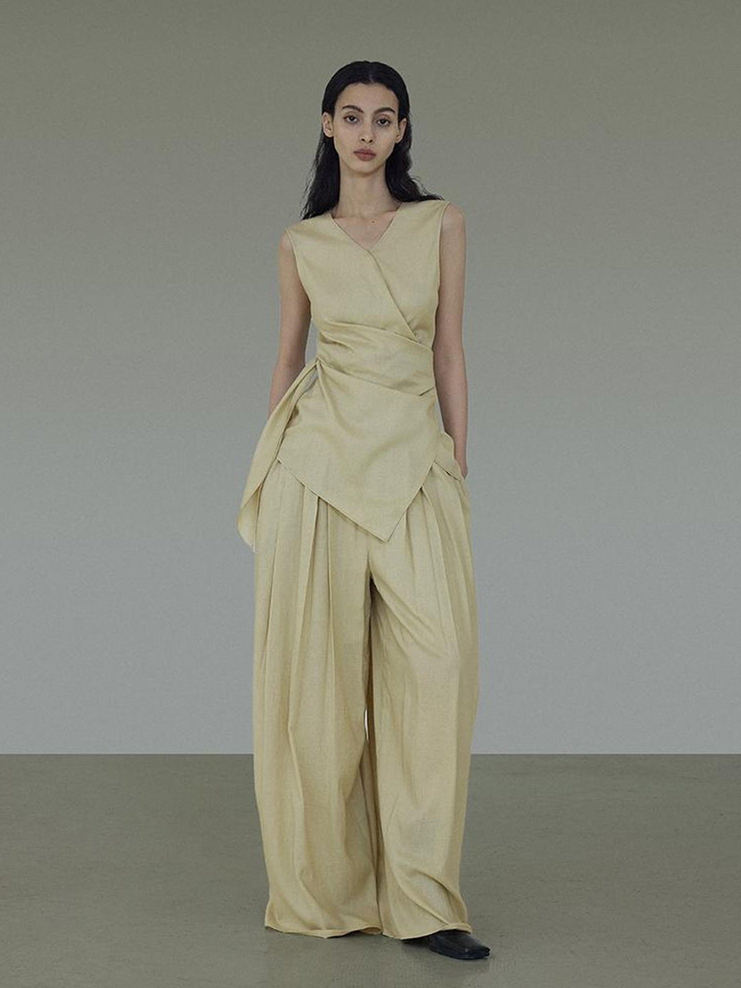 UNSPOKEN Khaki Two Piece Set V Neck Tank Top Full Length Relaxed Fit Casual Pants