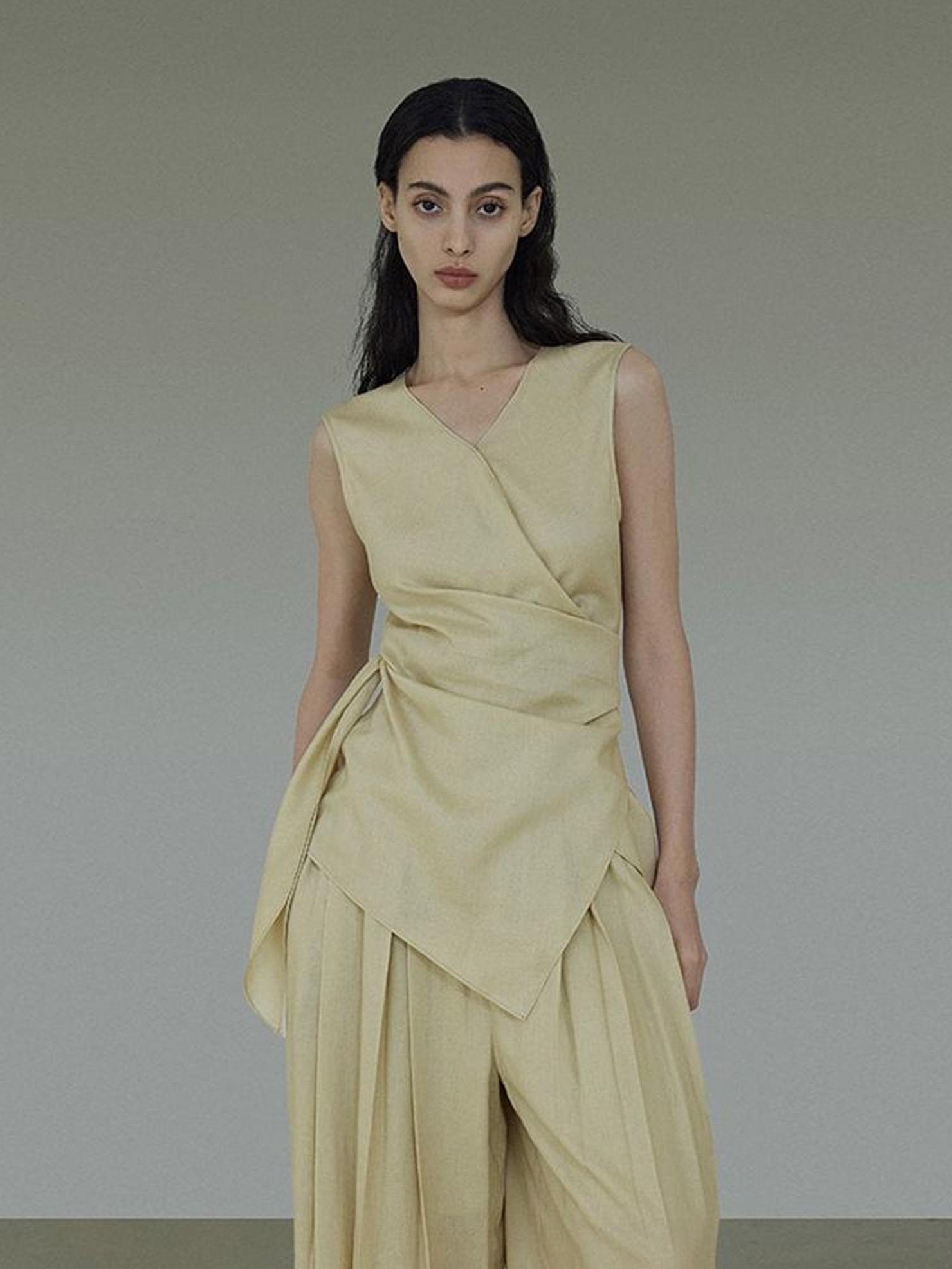 UNSPOKEN Khaki Two Piece Set V Neck Tank Top Full Length Relaxed Fit Casual Pants