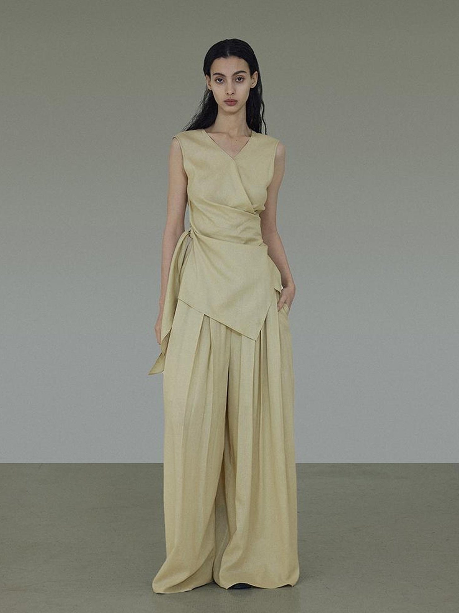 UNSPOKEN Khaki Two Piece Set V Neck Tank Top Full Length Relaxed Fit Casual Pants