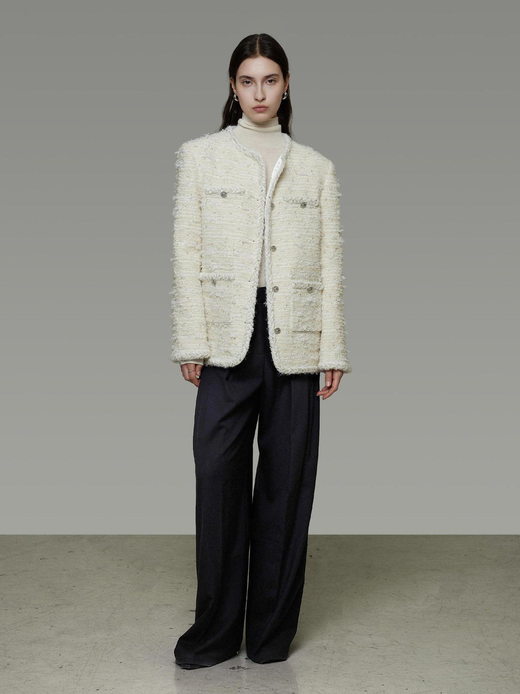 UNSPOKEN Lambswool Blend Loose Fit Minimal Commuter Single Button Ivory Jacket