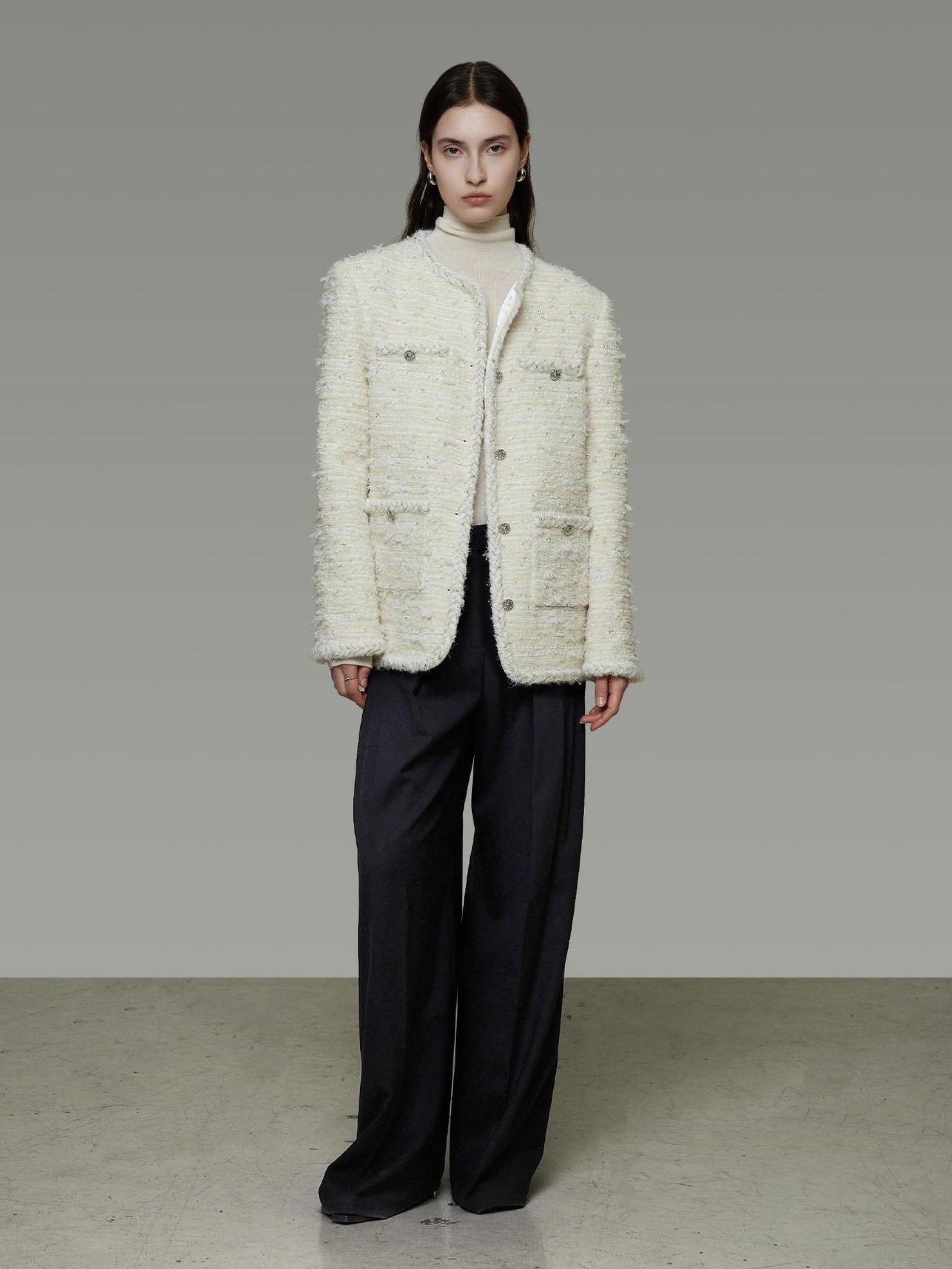 UNSPOKEN Lambswool Blend Loose Fit Minimal Commuter Single Button Ivory Jacket