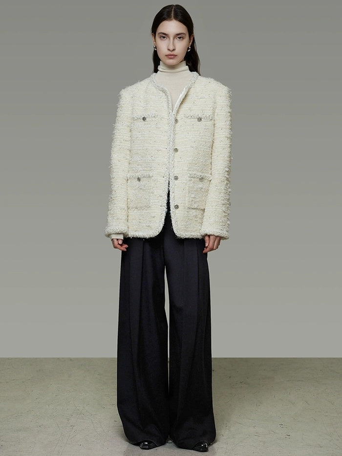 UNSPOKEN Lambswool Blend Loose Fit Minimal Commuter Single Button Ivory Jacket