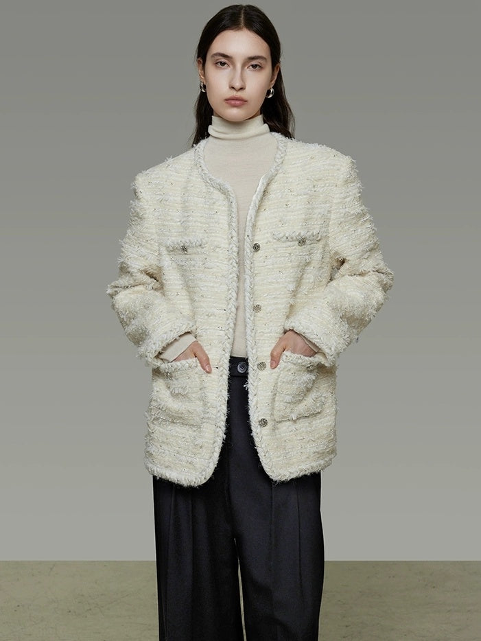 UNSPOKEN Lambswool Blend Loose Fit Minimal Commuter Single Button Ivory Jacket