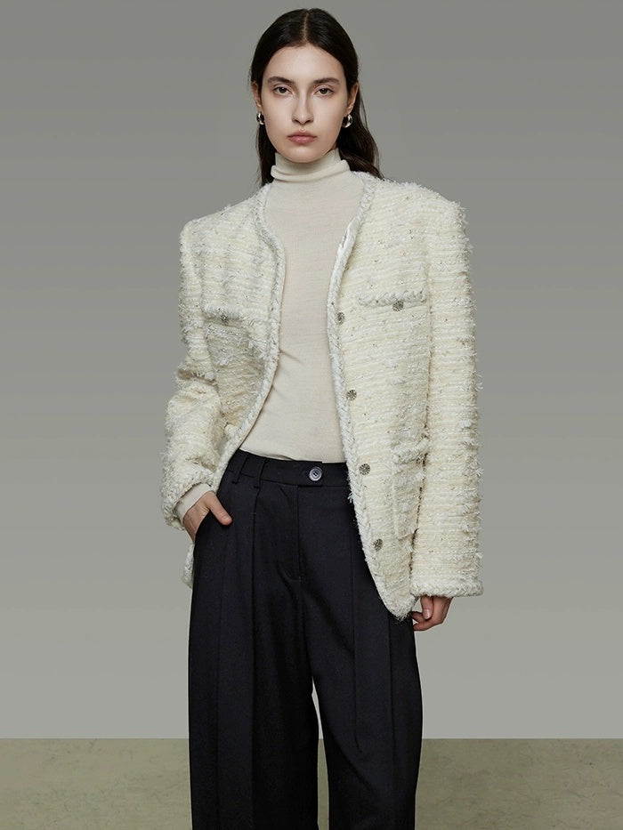 UNSPOKEN Lambswool Blend Loose Fit Minimal Commuter Single Button Ivory Jacket