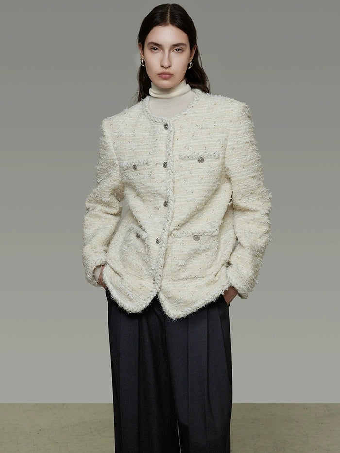 UNSPOKEN Lambswool Blend Loose Fit Minimal Commuter Single Button Ivory Jacket