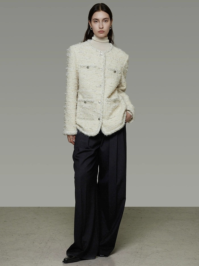 UNSPOKEN Lambswool Blend Loose Fit Minimal Commuter Single Button Ivory Jacket