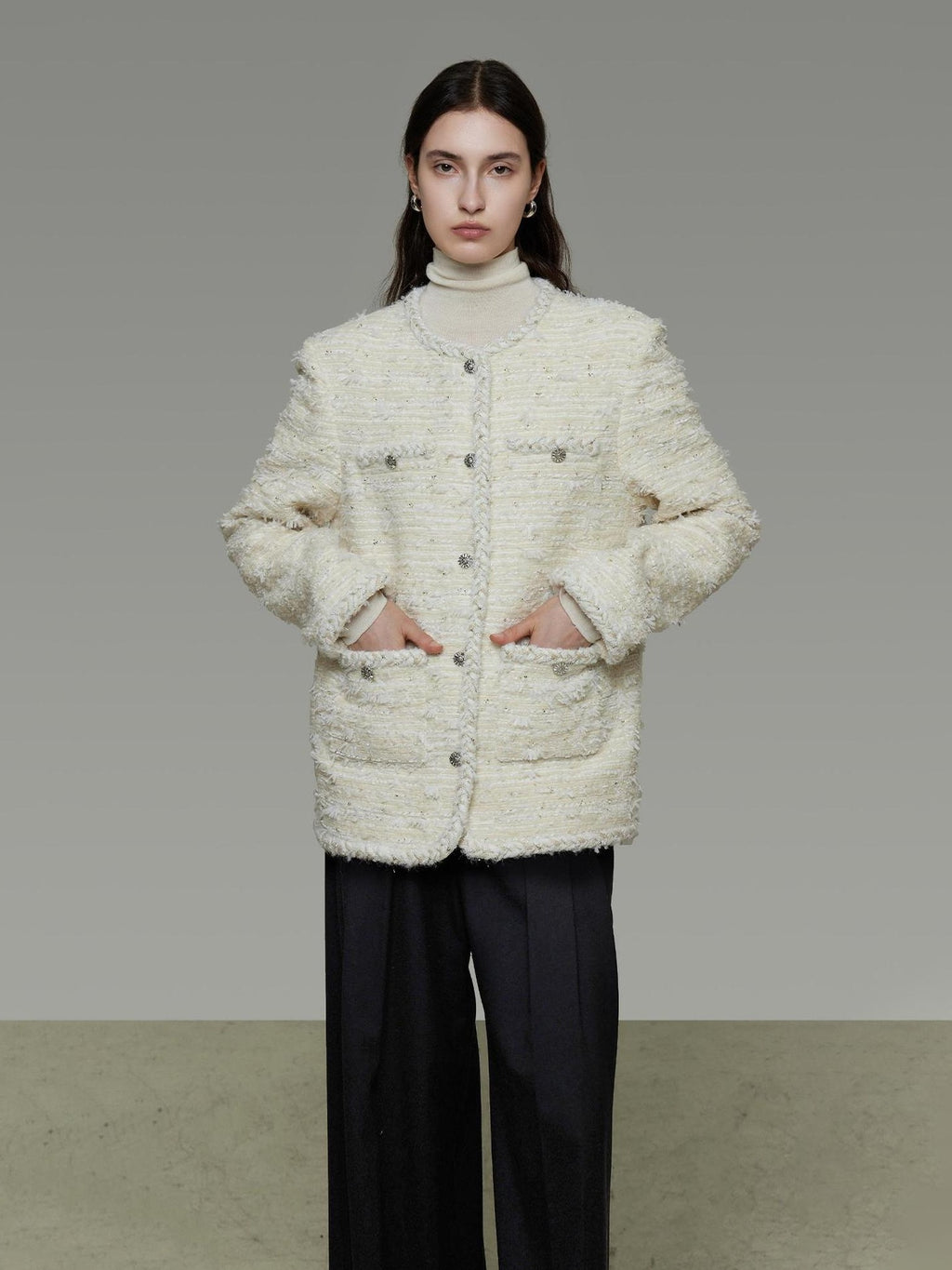 UNSPOKEN Lambswool Blend Loose Fit Minimal Commuter Single Button Ivory Jacket