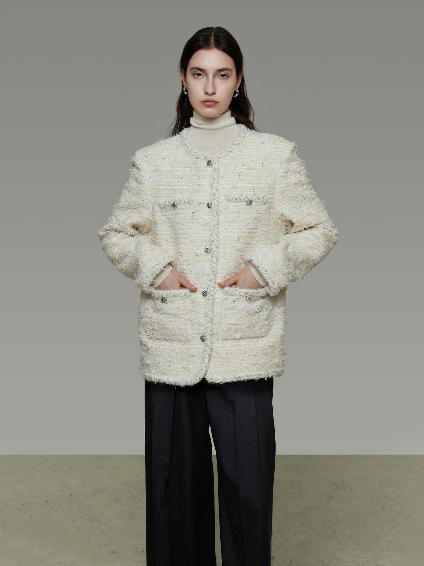 UNSPOKEN Lambswool Blend Loose Fit Minimal Commuter Single Button Ivory Jacket