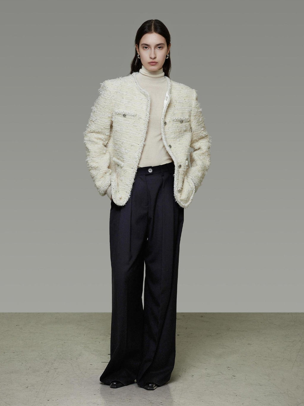 UNSPOKEN Lambswool Blend Loose Fit Minimal Commuter Single Button Ivory Jacket