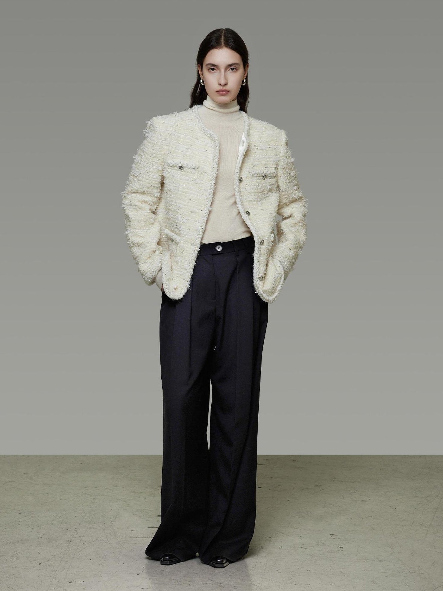 UNSPOKEN Lambswool Blend Loose Fit Minimal Commuter Single Button Ivory Jacket