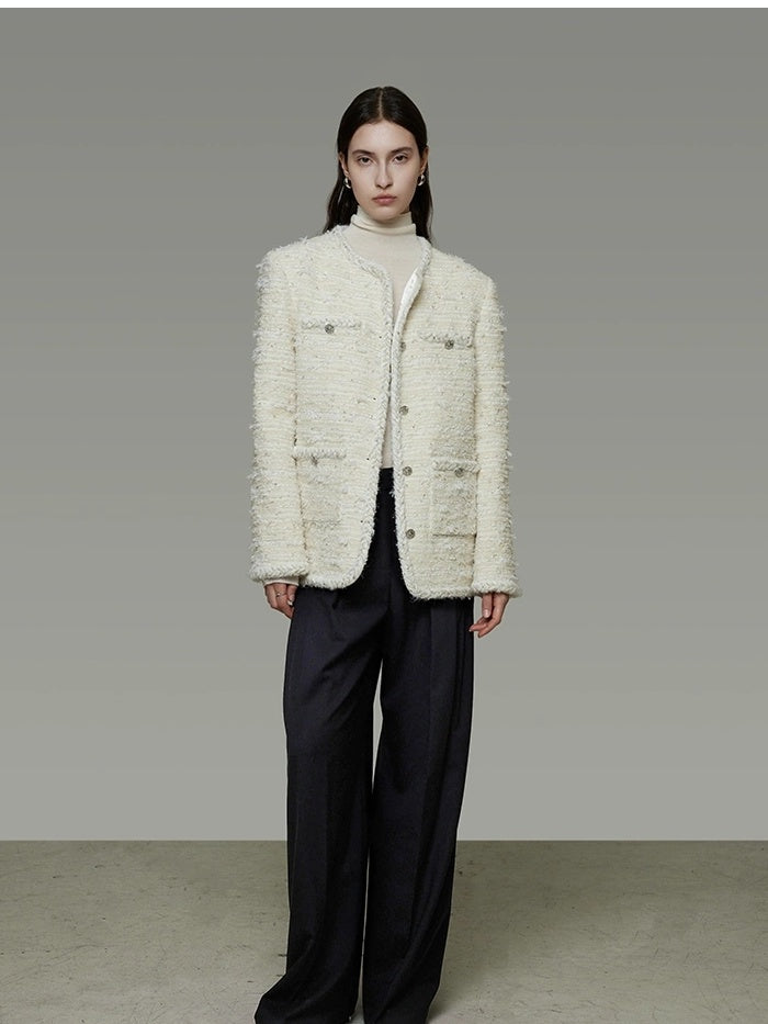 UNSPOKEN Lambswool Blend Loose Fit Minimal Commuter Single Button Ivory Jacket