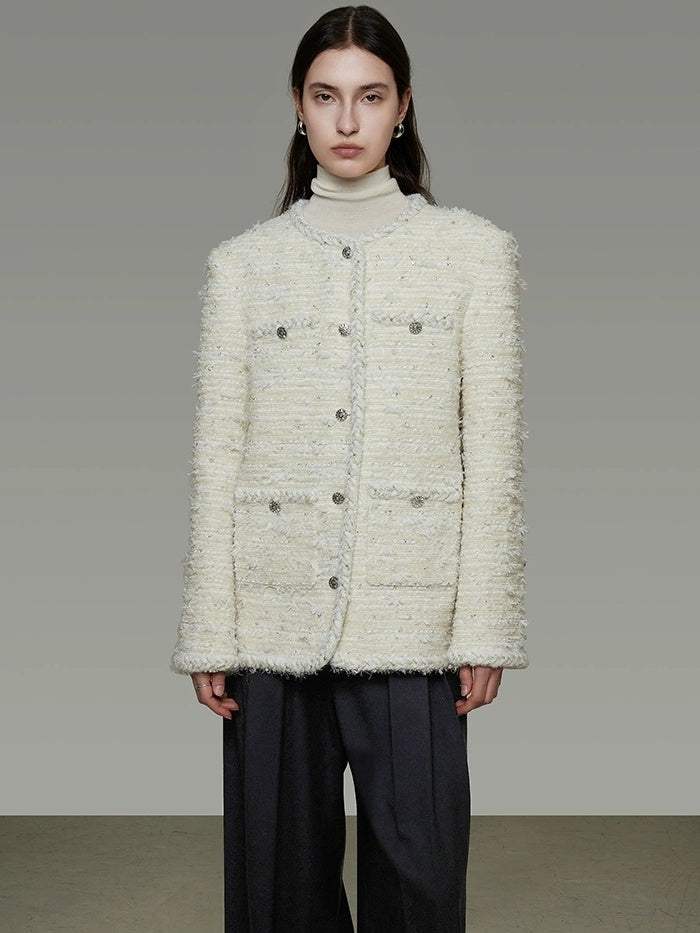 UNSPOKEN Lambswool Blend Loose Fit Minimal Commuter Single Button Ivory Jacket