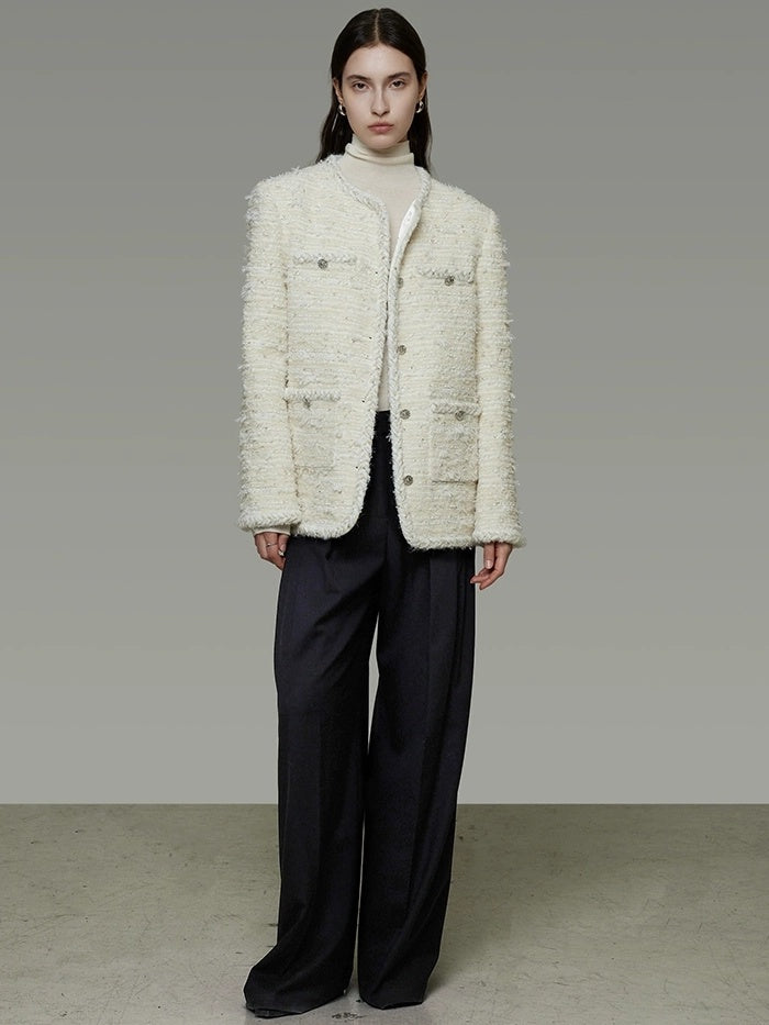 UNSPOKEN Lambswool Blend Loose Fit Minimal Commuter Single Button Ivory Jacket