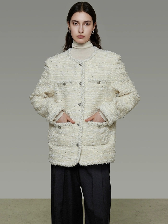 UNSPOKEN Lambswool Blend Loose Fit Minimal Commuter Single Button Ivory Jacket