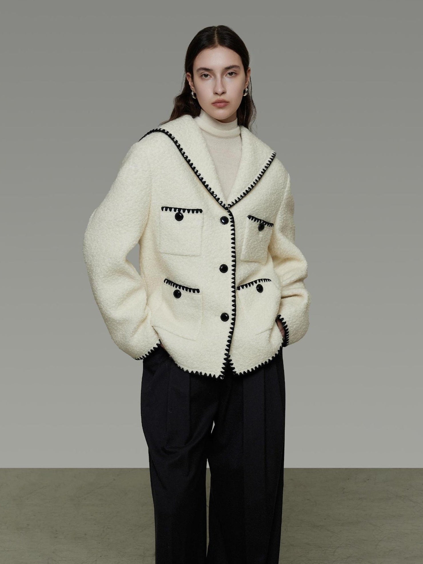 UNSPOKEN Lambswool Blend Minimalist Relaxed Fit Notched Lapel Single Breasted Jacket