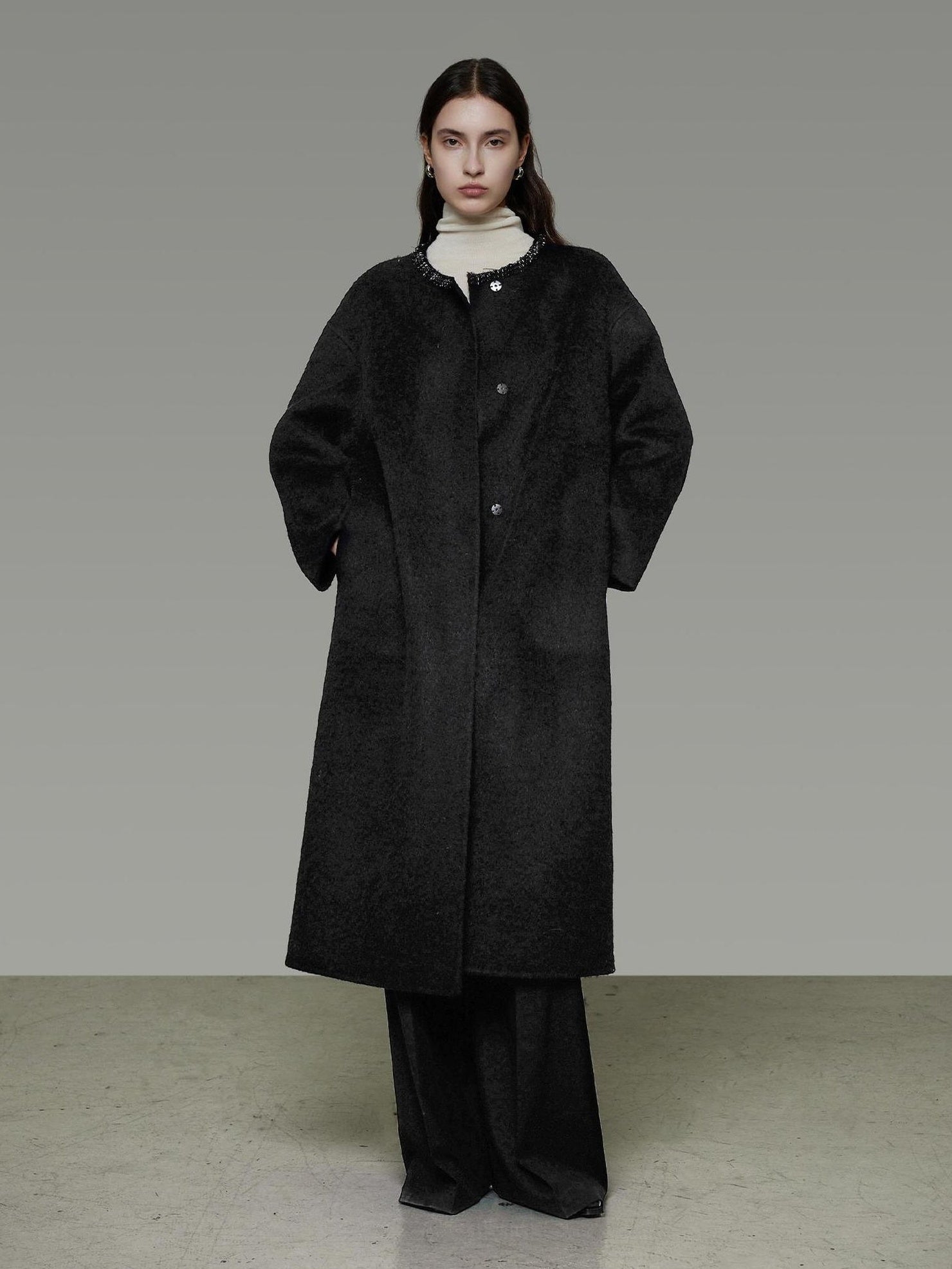 UNSPOKEN Lambswool Blend Thick Minimal Commuter Oversized Crew Neck Structured Cut Coat