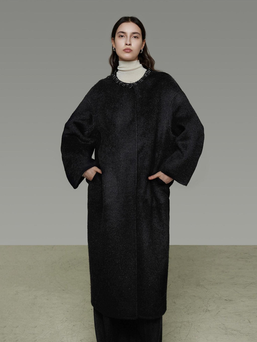 UNSPOKEN Lambswool Blend Thick Minimal Commuter Oversized Crew Neck Structured Cut Coat