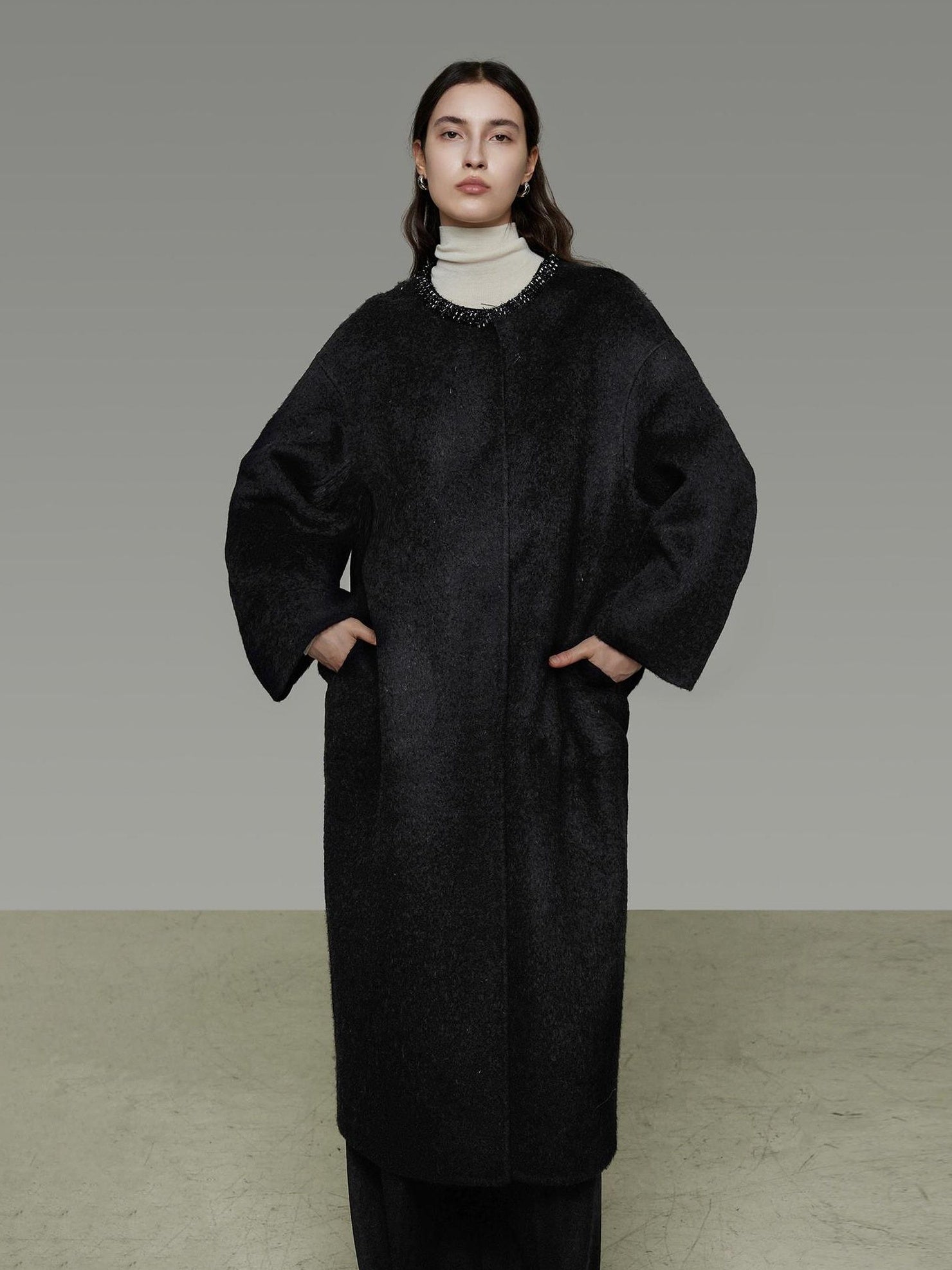 UNSPOKEN Lambswool Blend Thick Minimal Commuter Oversized Crew Neck Structured Cut Coat