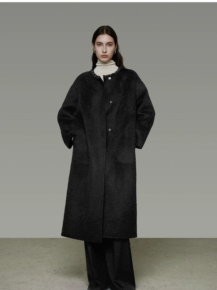 UNSPOKEN Lambswool Blend Thick Minimal Commuter Oversized Crew Neck Structured Cut Coat