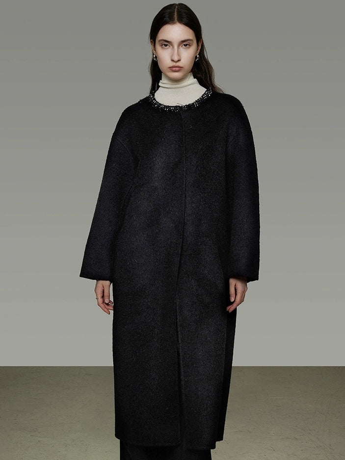 UNSPOKEN Lambswool Blend Thick Minimal Commuter Oversized Crew Neck Structured Cut Coat