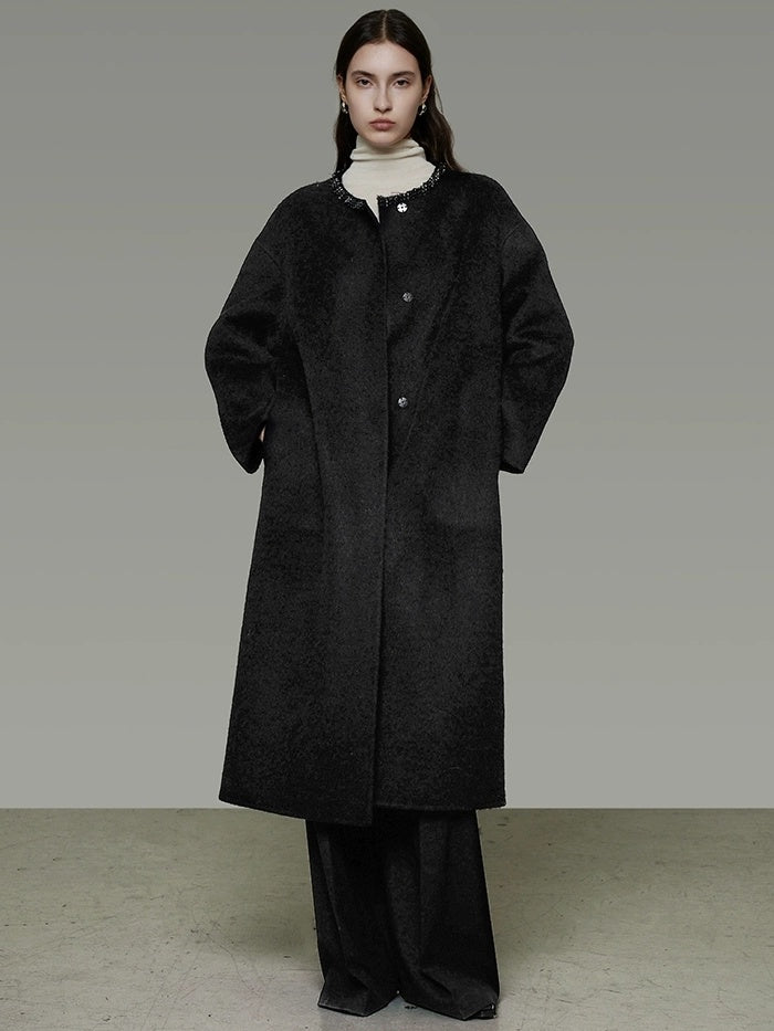 UNSPOKEN Lambswool Blend Thick Minimal Commuter Oversized Crew Neck Structured Cut Coat