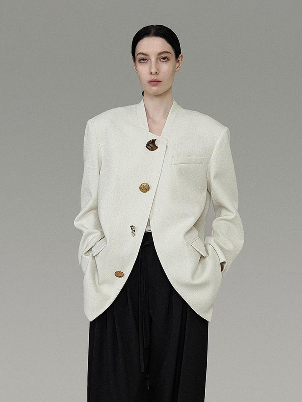 UNSPOKEN Lightweight Polyester Stand Collar Single Breasted Relaxed Office Ivory Blazer