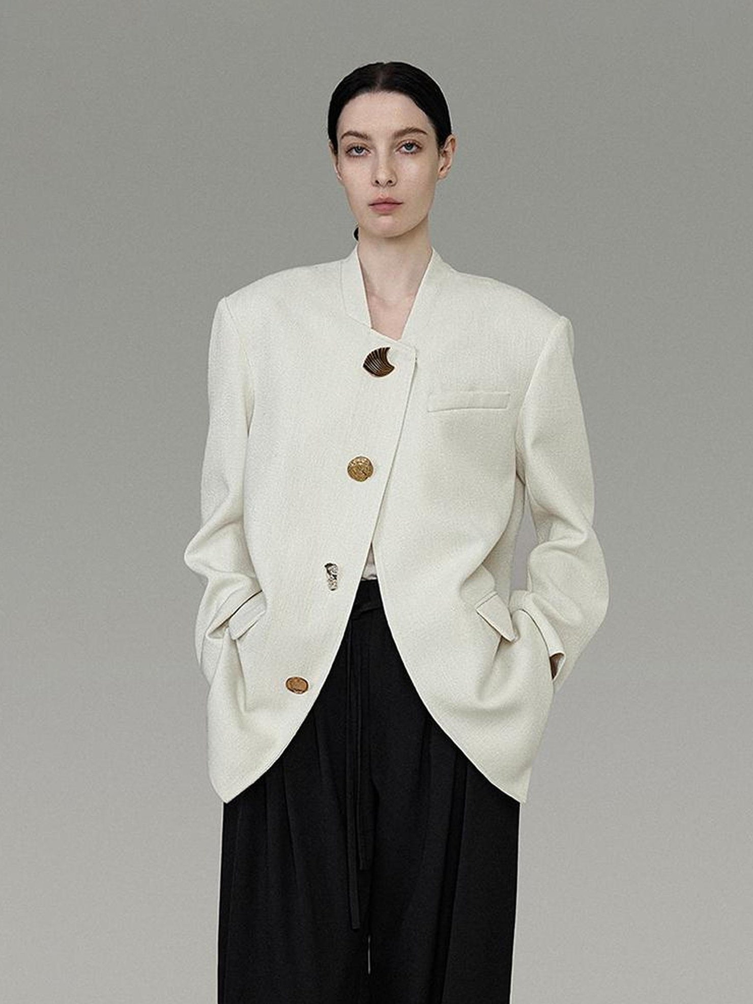 UNSPOKEN Lightweight Polyester Stand Collar Single Breasted Relaxed Office Ivory Blazer