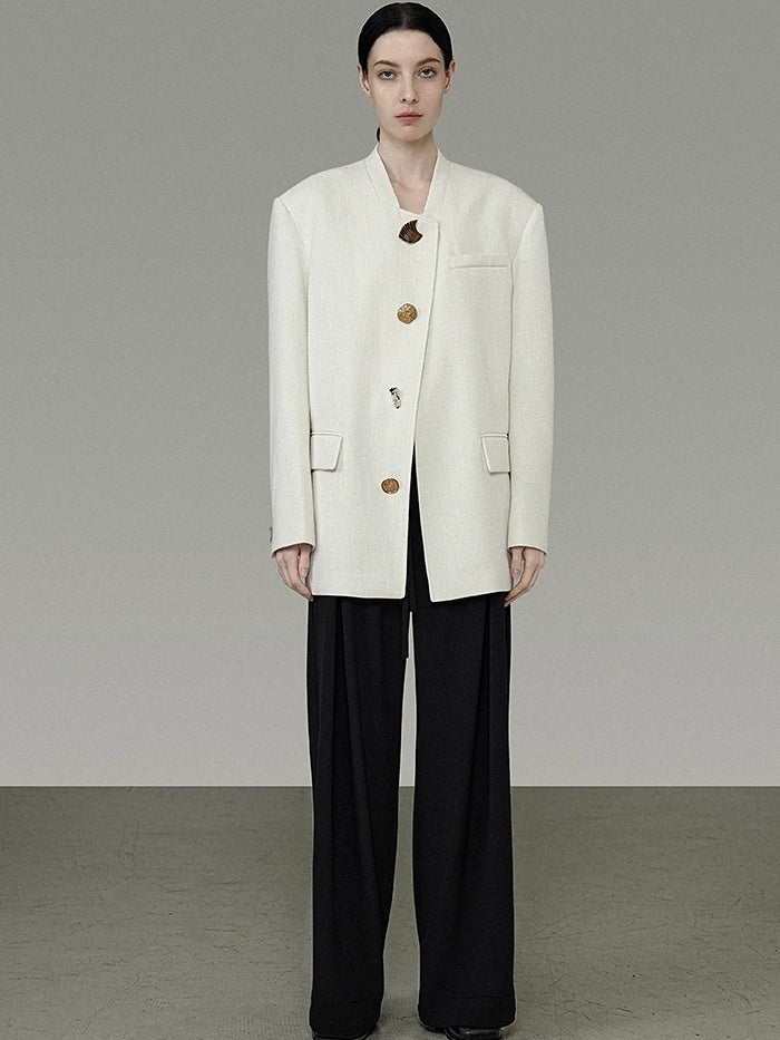 UNSPOKEN Lightweight Polyester Stand Collar Single Breasted Relaxed Office Ivory Blazer