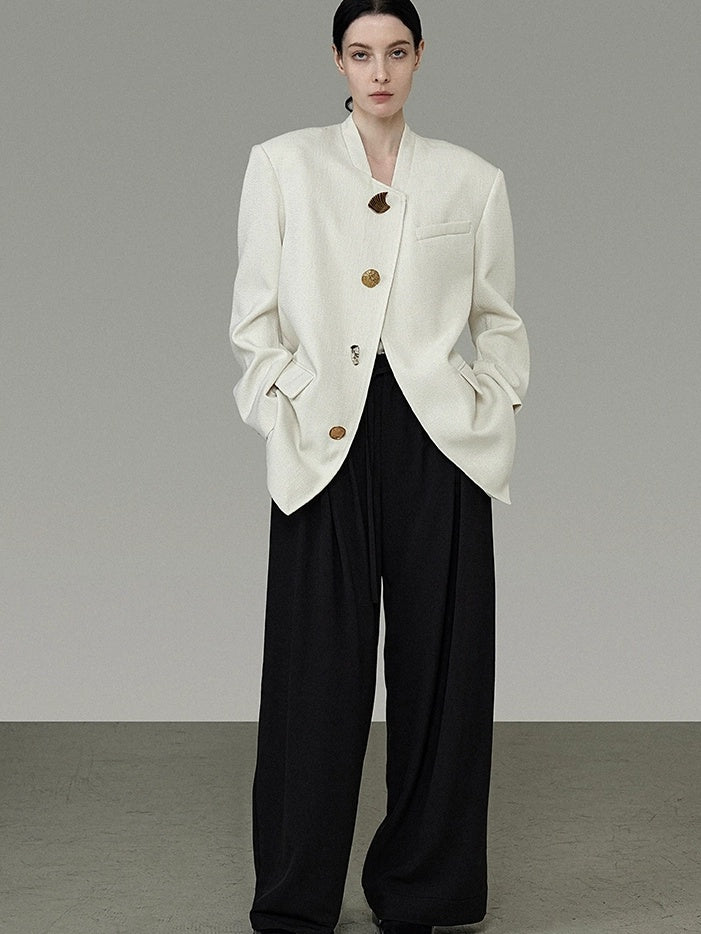 UNSPOKEN Lightweight Polyester Stand Collar Single Breasted Relaxed Office Ivory Blazer