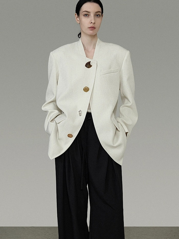 UNSPOKEN Lightweight Polyester Stand Collar Single Breasted Relaxed Office Ivory Blazer