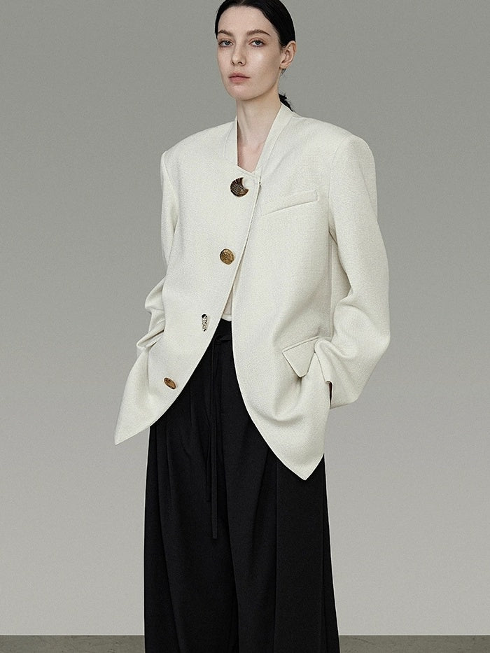 UNSPOKEN Lightweight Polyester Stand Collar Single Breasted Relaxed Office Ivory Blazer