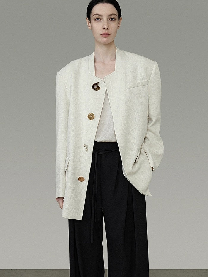 UNSPOKEN Lightweight Polyester Stand Collar Single Breasted Relaxed Office Ivory Blazer