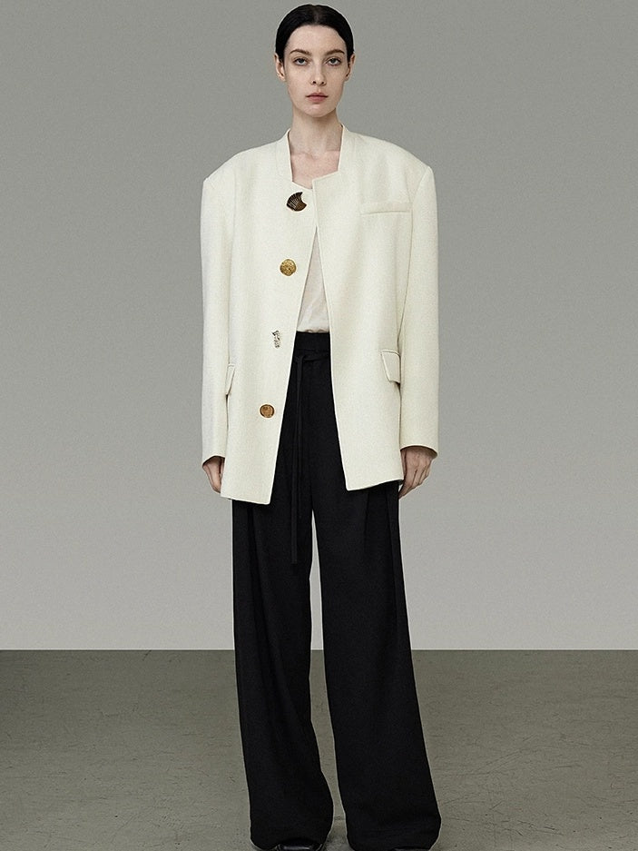 UNSPOKEN Lightweight Polyester Stand Collar Single Breasted Relaxed Office Ivory Blazer