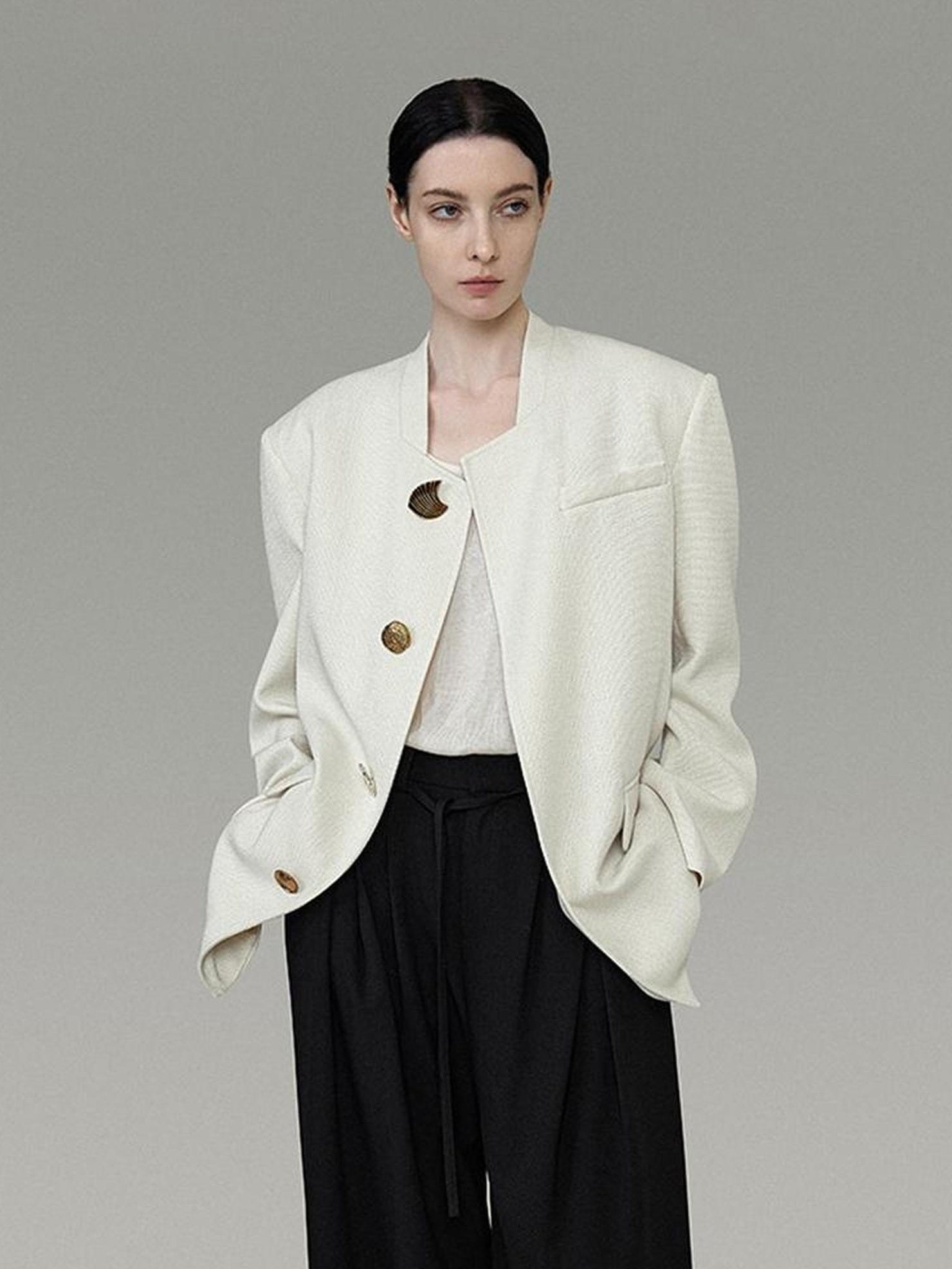 UNSPOKEN Lightweight Polyester Stand Collar Single Breasted Relaxed Office Ivory Blazer