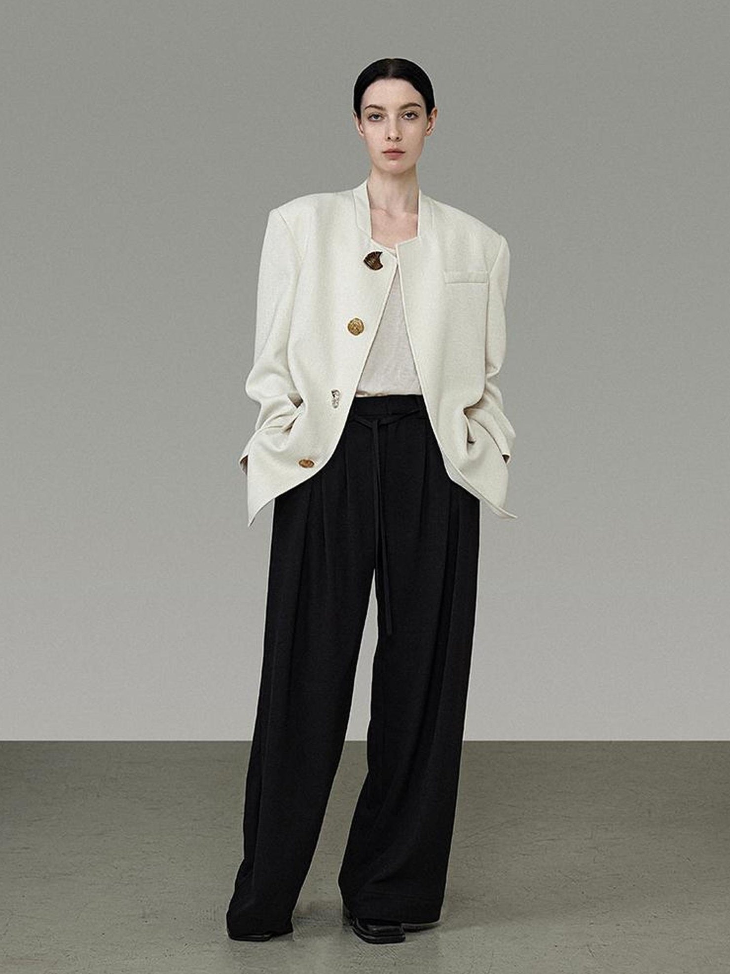 UNSPOKEN Lightweight Polyester Stand Collar Single Breasted Relaxed Office Ivory Blazer