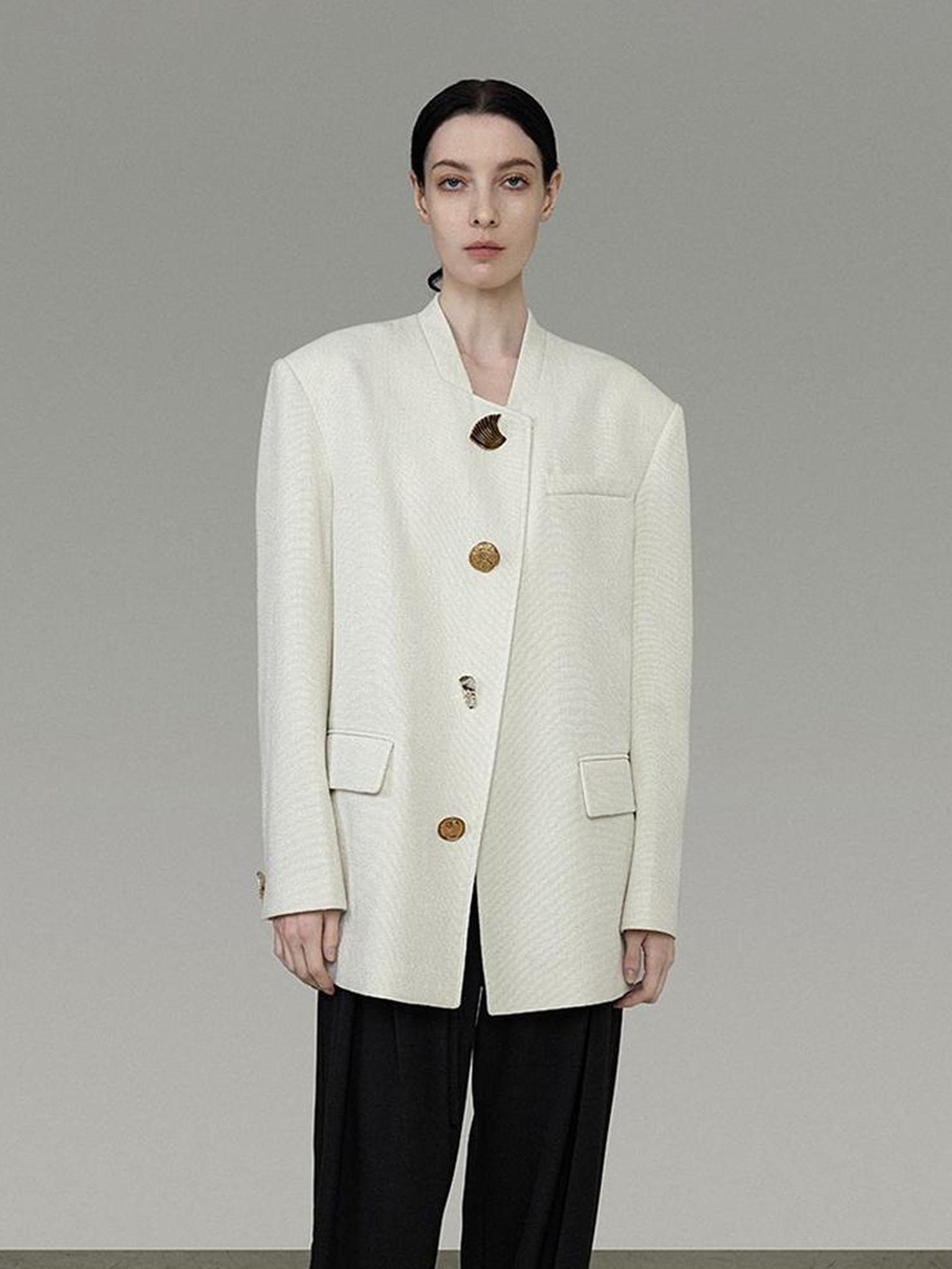 UNSPOKEN Lightweight Polyester Stand Collar Single Breasted Relaxed Office Ivory Blazer