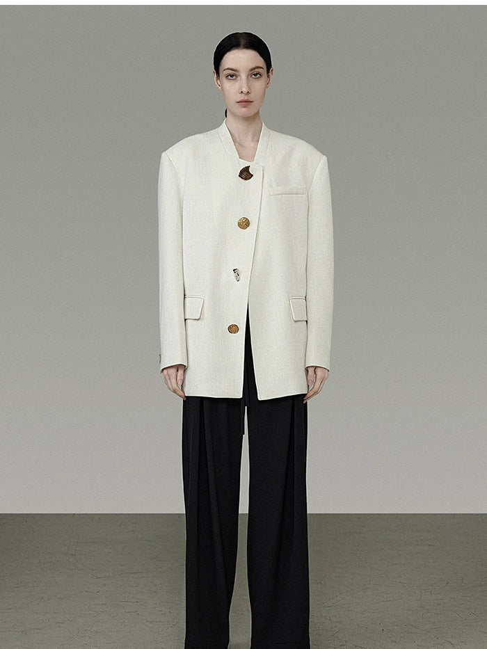 UNSPOKEN Lightweight Polyester Stand Collar Single Breasted Relaxed Office Ivory Blazer