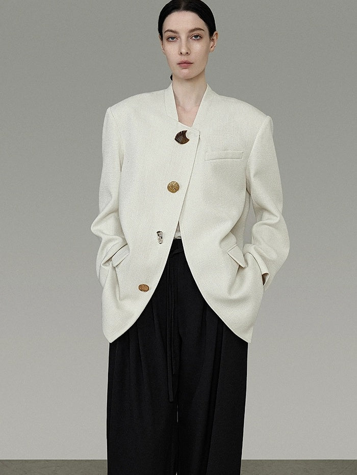 UNSPOKEN Lightweight Polyester Stand Collar Single Breasted Relaxed Office Ivory Blazer