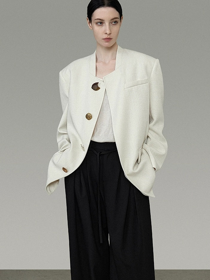 UNSPOKEN Lightweight Polyester Stand Collar Single Breasted Relaxed Office Ivory Blazer