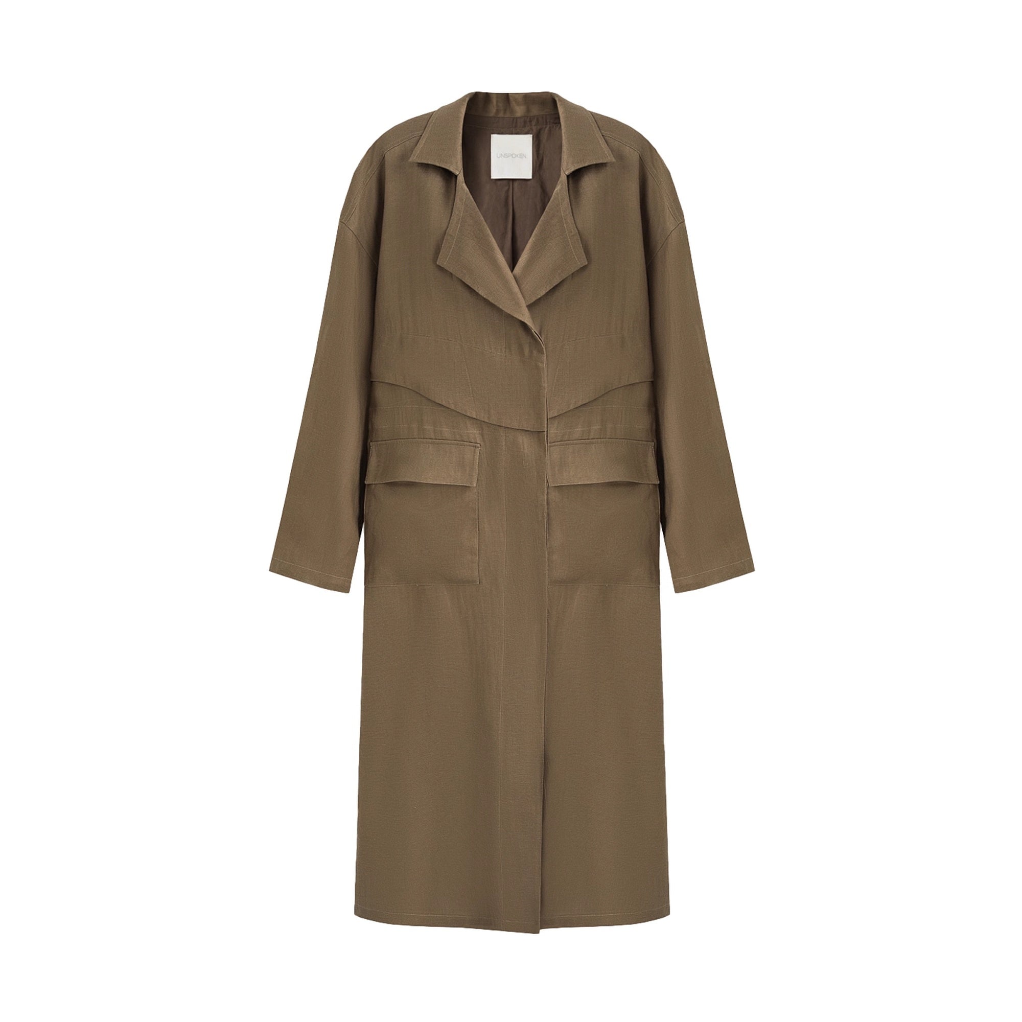 UNSPOKEN_Minimal_Commuter_Loose_Fit_Long_Length_Single_Breasted_Brown_Green_Trench_Coat_MISSTT