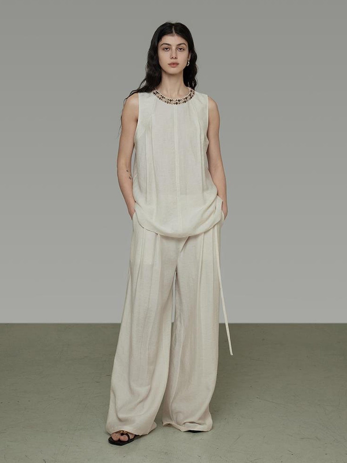 UNSPOKEN Minimal High Waist Wide Leg Pleated Tie Waist Office Rayon Blend Pants