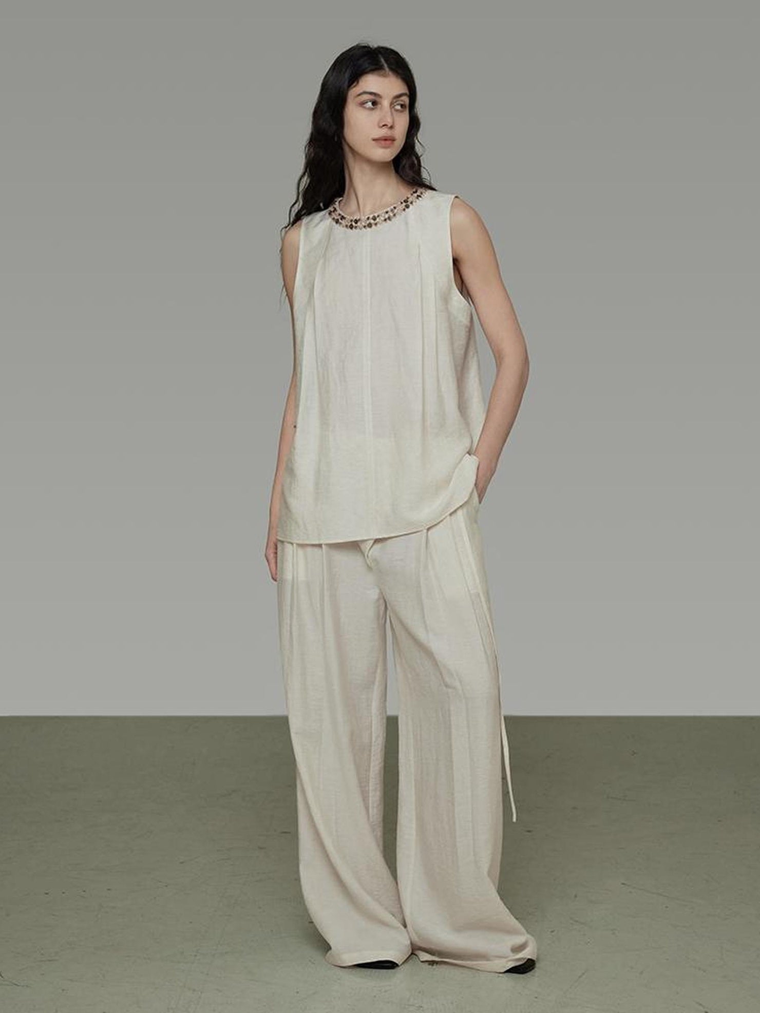 UNSPOKEN Minimal High Waist Wide Leg Pleated Tie Waist Office Rayon Blend Pants