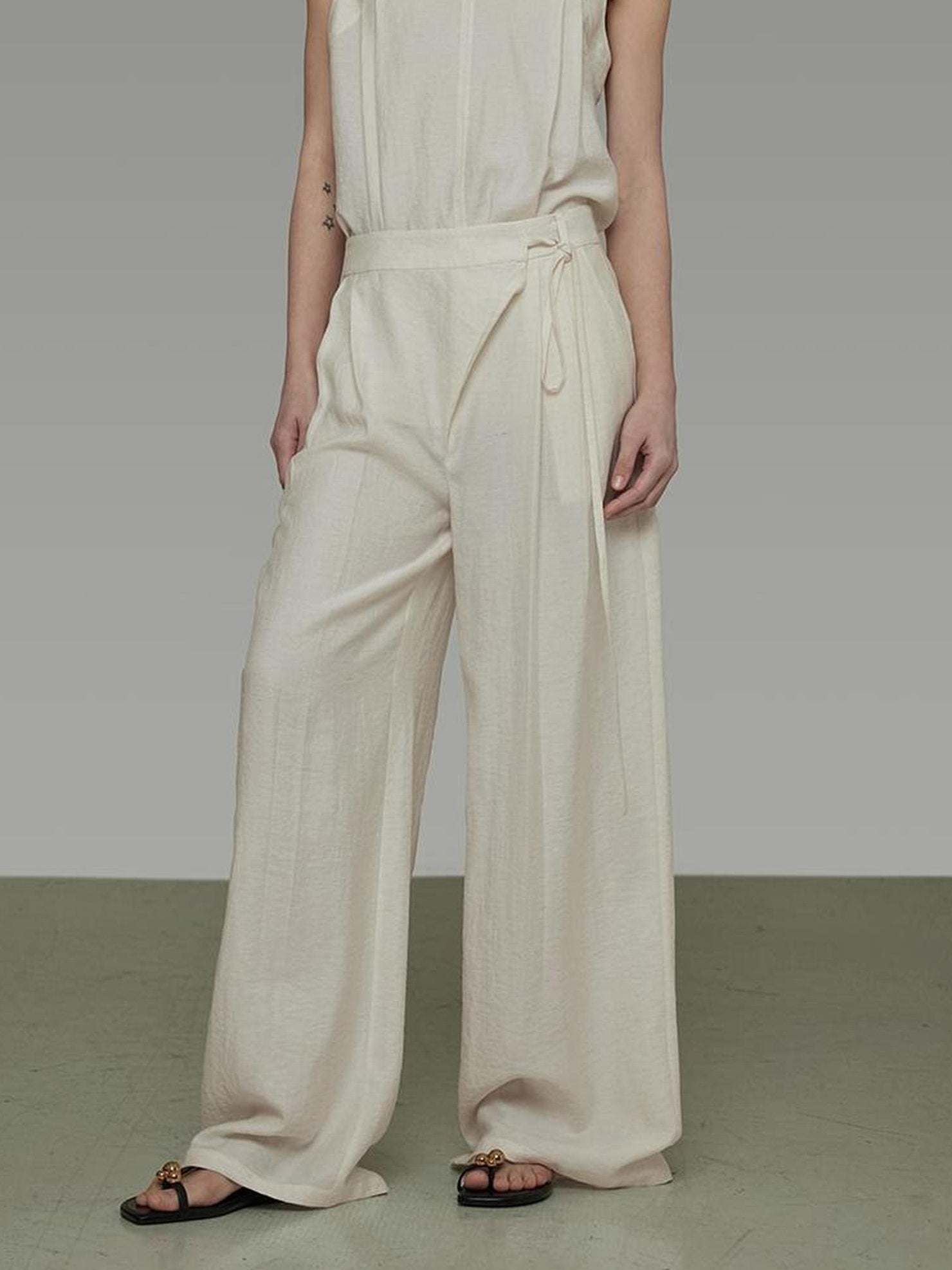 UNSPOKEN Minimal High Waist Wide Leg Pleated Tie Waist Office Rayon Blend Pants