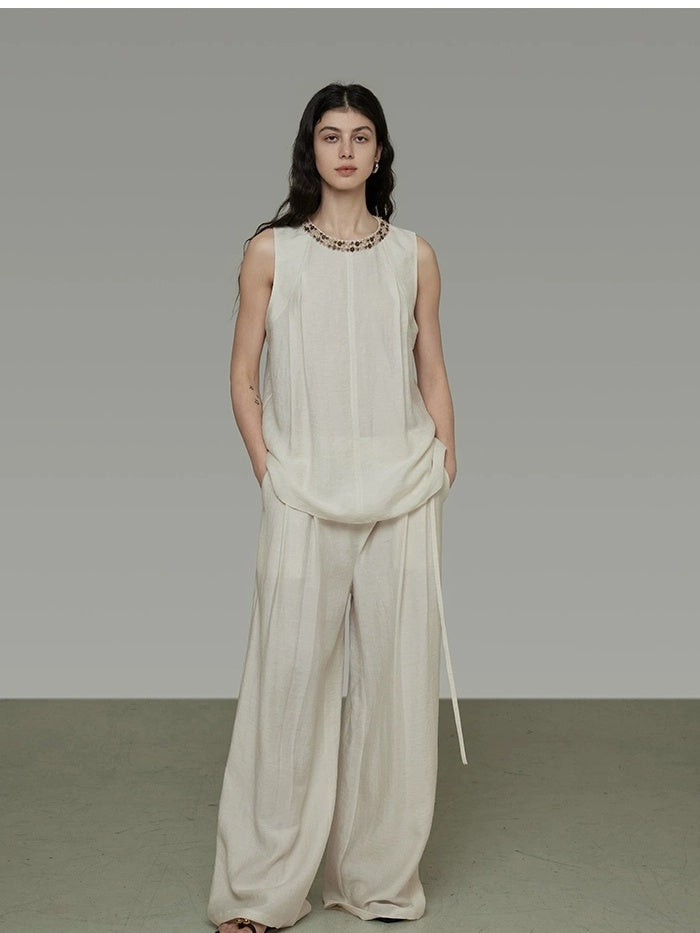 UNSPOKEN Minimal High Waist Wide Leg Pleated Tie Waist Office Rayon Blend Pants