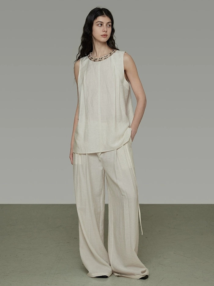 UNSPOKEN Minimal High Waist Wide Leg Pleated Tie Waist Office Rayon Blend Pants