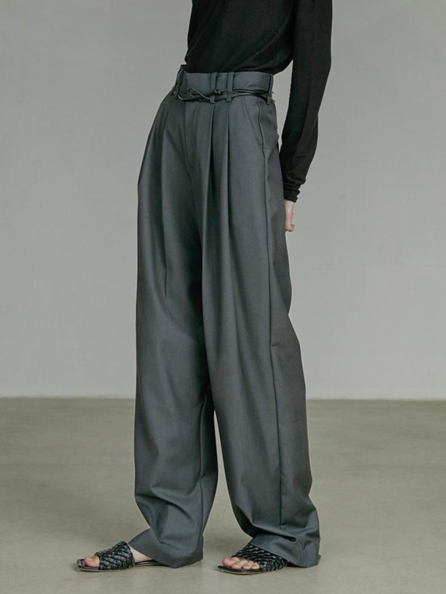 UNSPOKEN Minimalist Belted Natural Waist Wide Leg Office Dark Gray Pants